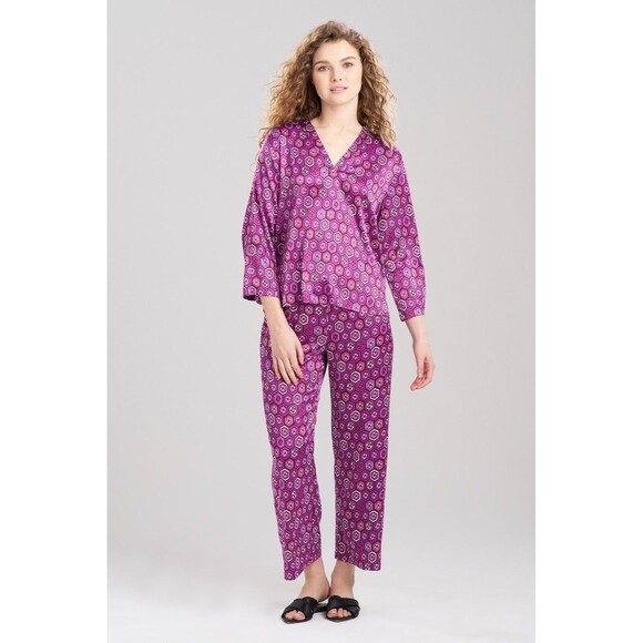 NWT NATORI Kano PJ 2pc Set In Plum Purpe Abstract Floral Pajamas Lounge Satin L - Picture 1 of 8
